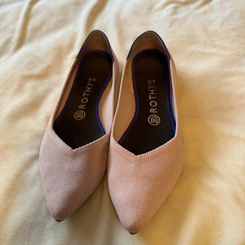 Rothy's Pink Pointed-Toe Flat with Blue Trim